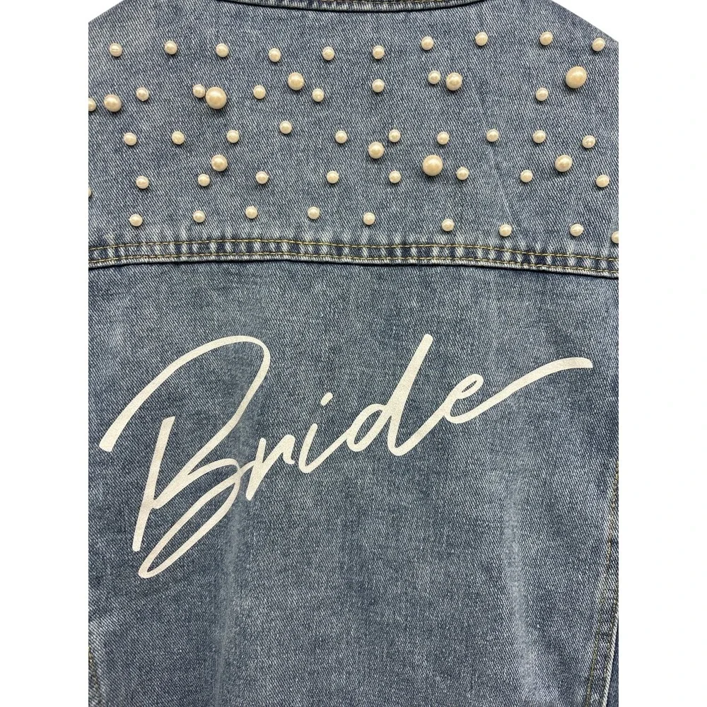 Bride Women's Denim Blue Jean Jacket With Pearls Wedding Bachelorette Sz XLarge - Picture 6 of 9